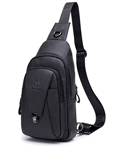 BULLCAPTAIN Genuine Leather Men Sling Crossbody Bag Backpack Outdoor Hiking Travel Chest Bag Daypack (Black)