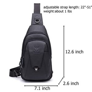 BULLCAPTAIN Genuine Leather Men Sling Crossbody Bag Backpack Outdoor Hiking Travel Chest Bag Daypack (Black)