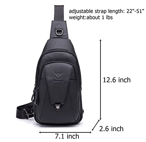 BULLCAPTAIN Genuine Leather Men Sling Crossbody Bag Backpack Outdoor Hiking Travel Chest Bag Daypack (Black)