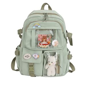 lelebear kawaii backpack for school, cute bookbags with kawaii pin and accessories for teen girls (sage green)