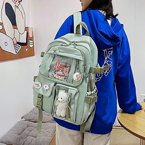 LELEBEAR Kawaii Backpack For School, Cute Bookbags With Kawaii Pin And Accessories For Teen Girls (Sage Green)