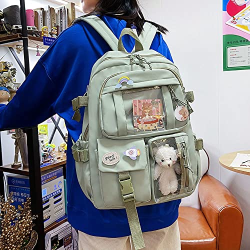 LELEBEAR Kawaii Backpack For School, Cute Bookbags With Kawaii Pin And Accessories For Teen Girls (Sage Green)