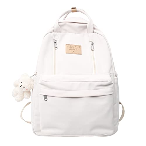 Preppy Backpacks for School, Large Capacity Aesthetic School Bags, Lightweight Casual Daypack with Cute Doll for Teens Girls (White)