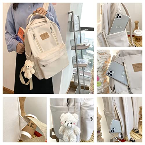 Preppy Backpacks for School, Large Capacity Aesthetic School Bags, Lightweight Casual Daypack with Cute Doll for Teens Girls (White)