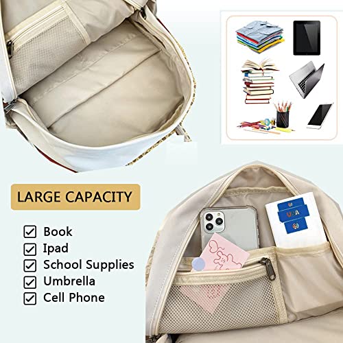 Preppy Backpacks for School, Large Capacity Aesthetic School Bags, Lightweight Casual Daypack with Cute Doll for Teens Girls (White)