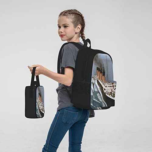 3 Piece Backpack Set Titanic Print School Bag,Travel Camping Daypack Students Bookbag Pencil Case Lunch Bag Combination