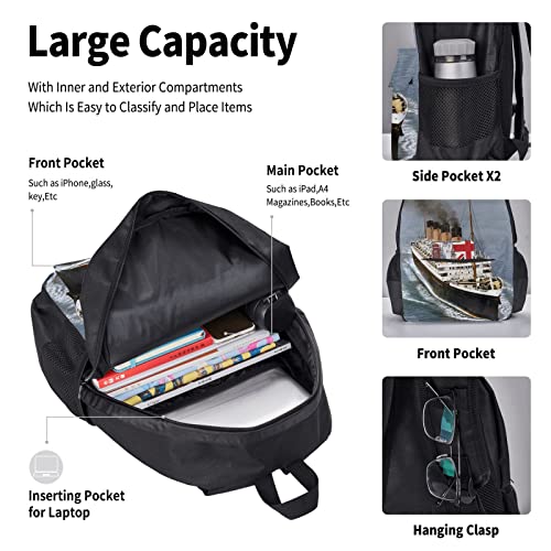 3 Piece Backpack Set Titanic Print School Bag,Travel Camping Daypack Students Bookbag Pencil Case Lunch Bag Combination