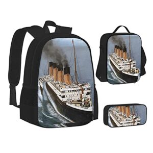 3 Piece Backpack Set Titanic Print School Bag,Travel Camping Daypack Students Bookbag Pencil Case Lunch Bag Combination