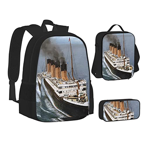 3 Piece Backpack Set Titanic Print School Bag,Travel Camping Daypack Students Bookbag Pencil Case Lunch Bag Combination