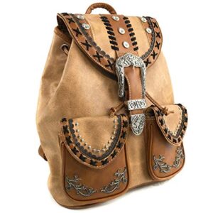 Zelris Western Country Floral Buckle Rucksack Backpack with Matching Wallet Set (Tan)