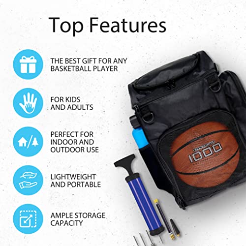 Large Basketball Backpack Bag INCLUDES Basketball and Ball Pump - For Kids and Adults - Basketball Bag For All Sports, Gym Training, and Practice, Large Storage Pockets | Laptop Sleeve