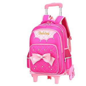 cute print bowknot trolley backpack elementary middle school rolling bag wheeled bookbag for kids girls