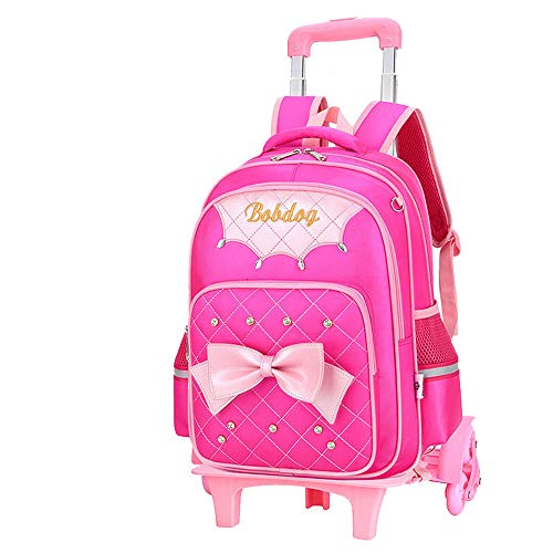 Cute Print Bowknot Trolley Backpack Elementary Middle School Rolling Bag Wheeled BookBag for Kids Girls