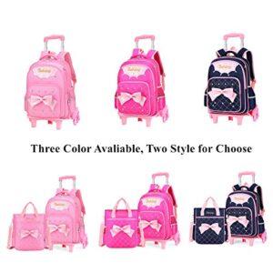 Cute Print Bowknot Trolley Backpack Elementary Middle School Rolling Bag Wheeled BookBag for Kids Girls