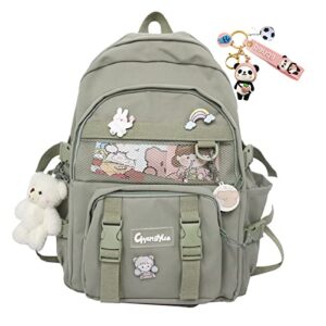 kawaii backpack with pins multi-pocket cute accessories school bag rucksack large capacity for girls teens (green)
