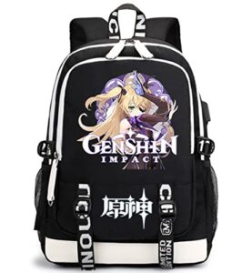 vinca mascot anime genshin impact cosplay with usb charging port printed school bag student bag laptop backpack unisex (black1)