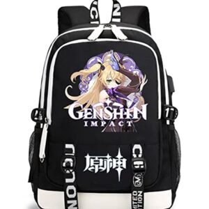 Vinca Mascot Anime Genshin Impact Cosplay with USB charging port printed school bag student bag laptop backpack unisex (black1)