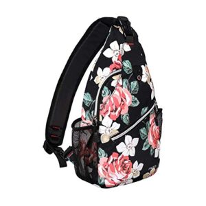 mosiso sling backpack,travel hiking daypack rose rope crossbody shoulder bag, black, medium