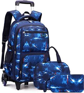 egchescebo 18″ school kids rolling backpack for boys with wheels trolley wheeled backpacks for boys students travel bags adults backpack with lunch box pencil bag 3pcs blue