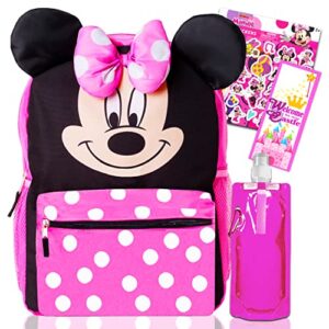 minnie mouse backpack and water bottle for kids toddlers ~ premium 14″ minnie school bag with 3d ears and puffy bow, water bottle, stickers, and more (minnie mouse school supplies bundle)