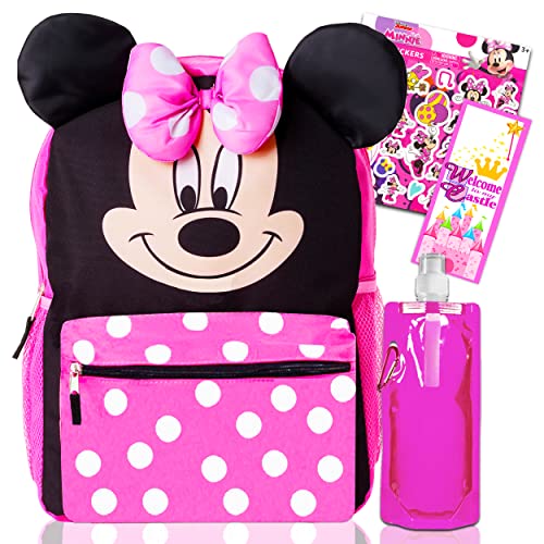 Minnie Mouse Backpack and Water Bottle for Kids Toddlers ~ Premium 14" Minnie School Bag with 3D Ears and Puffy Bow, Water Bottle, Stickers, and More (Minnie Mouse School Supplies Bundle)