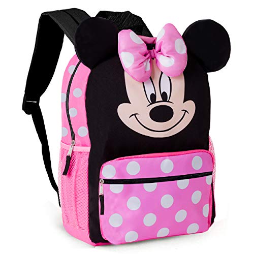 Minnie Mouse Backpack and Water Bottle for Kids Toddlers ~ Premium 14" Minnie School Bag with 3D Ears and Puffy Bow, Water Bottle, Stickers, and More (Minnie Mouse School Supplies Bundle)