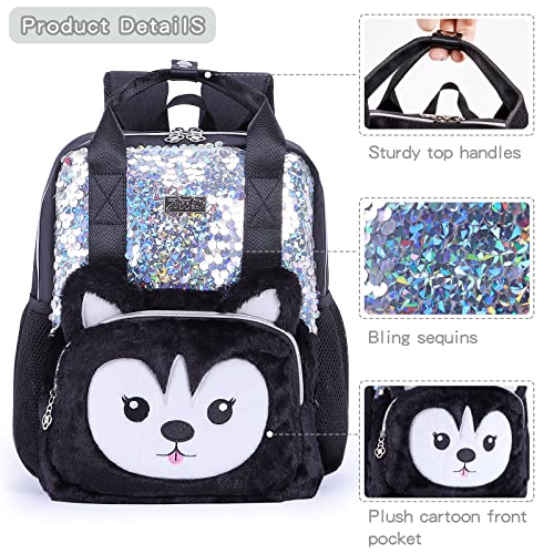 Bendopa Plush Toddler Backpack for Girls 3-6 Sequins Kids BookBag Children Portable Schoolbag for Kindergarten(Black)