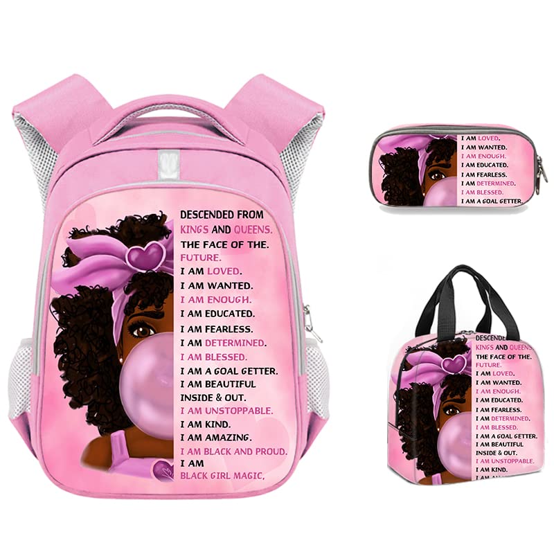 MZNSDC Ballet Girl Backpack, Lunch Box, Pencil Case Pink Combination for Teens Black Girl Backpack African American Black Girl Backpack-23