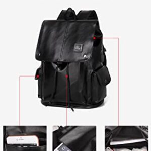 Fashion Men's PU Leather Backpack Business Laptop Bag with USB Simple High-Capacity Bag Students School Daypack for Gifts (Black)