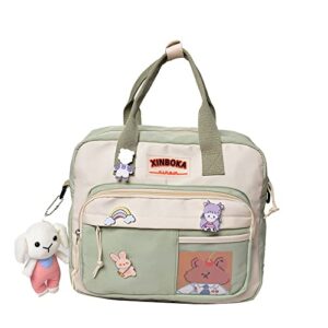 kawaii backpack with cute pins and plush pendant girl shoulder bag school bag cute backpack travel backpack(green)