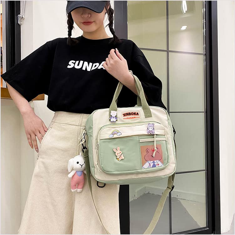 Kawaii backpack with cute pins and plush pendant girl shoulder bag school bag cute backpack travel backpack(Green)