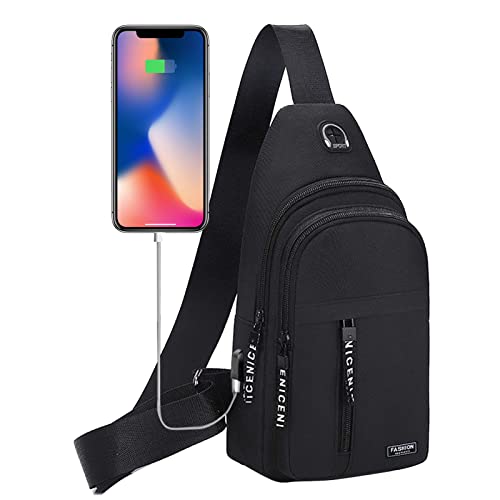 Sling Backpack with Usb Headphone Hole Waterproof Crossbody Bags for Women Shoulder Bag Travel Essentials Mothers Day Gifts (Black)
