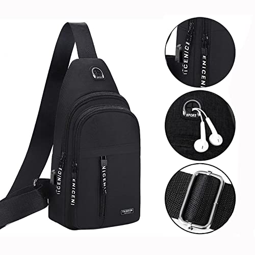 Sling Backpack with Usb Headphone Hole Waterproof Crossbody Bags for Women Shoulder Bag Travel Essentials Mothers Day Gifts (Black)