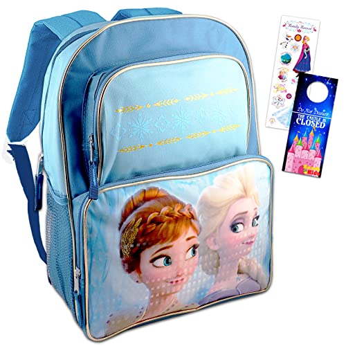 Disney Bundle Frozen Anna And Elsa Backpack For Girls 2 Pc Bundle With 16 inch Frozen School Bag and Frozen Stickers | Frozen School Supplies For Kids Bag Set