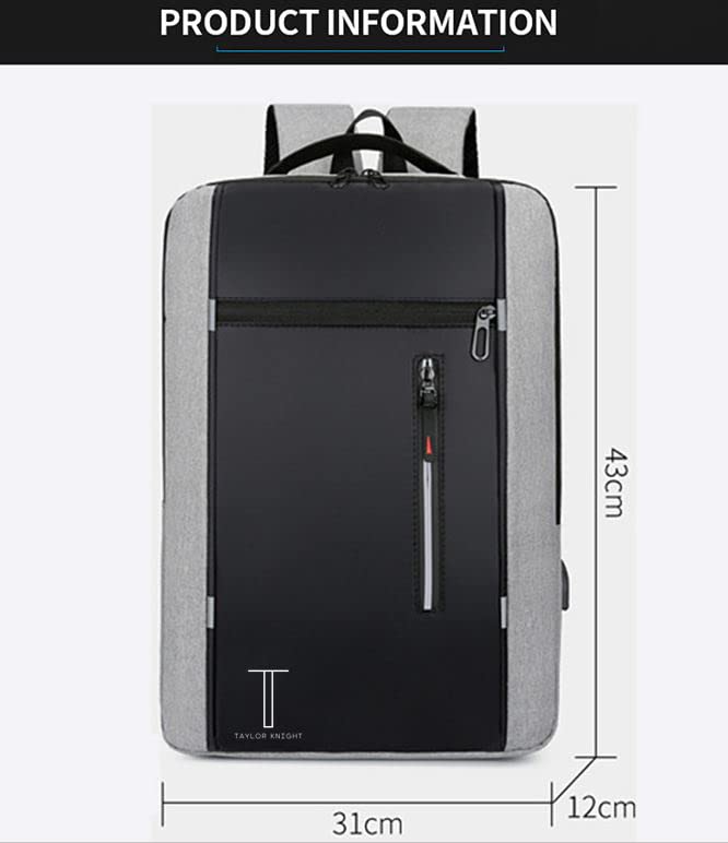 Taylor Knight Travel Laptop Backpack with USB Charging, Perfect for Business, School, College & Travel. Notebook Bag is suitable for Men and women, Great Gift for Laptop up to 15.6" (Grey)