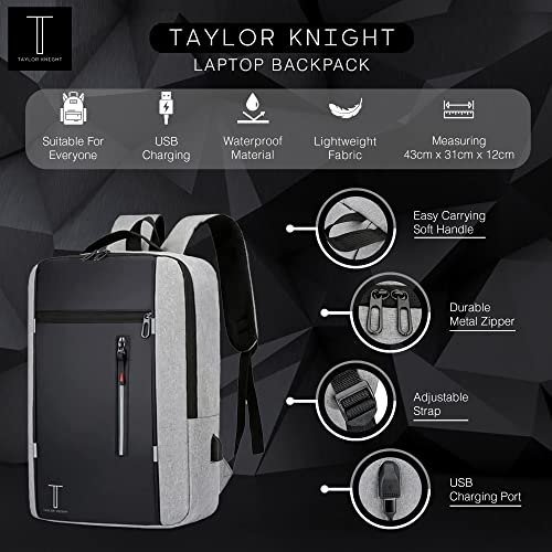 Taylor Knight Travel Laptop Backpack with USB Charging, Perfect for Business, School, College & Travel. Notebook Bag is suitable for Men and women, Great Gift for Laptop up to 15.6" (Grey)