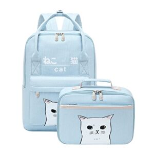 e-youth women girls kawaii cat school backpack with lunch box japanese and korean style canvas bags (blue), one size