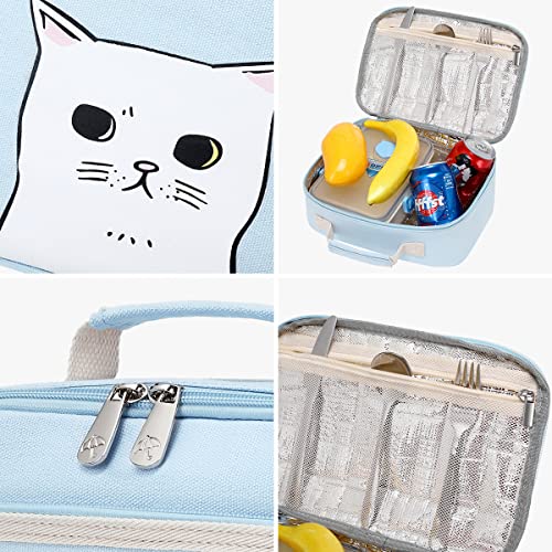 e-youth Women Girls Kawaii Cat School Backpack with Lunch Box Japanese And Korean Style Canvas Bags (Blue), One Size
