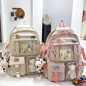 New Aesthetic Backpack for Girls Kawaii Backpack with Badge Pins Keychain Pendant Light Weight for Teens Travel Backpack