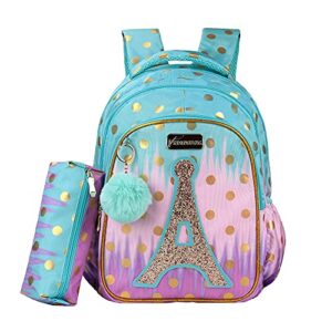 sarhlio kids backpack 16″ for girls with pencil case ball pendant cute bookbag lightweight durable water resistant school backpack set for elementary school outdoor travel sequin tower(bpk36c)