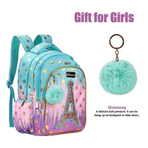 SARHLIO Kids Backpack 16" for Girls with Pencil Case Ball Pendant Cute Bookbag Lightweight Durable Water Resistant School Backpack Set for Elementary School Outdoor Travel Sequin Tower(BPK36C)