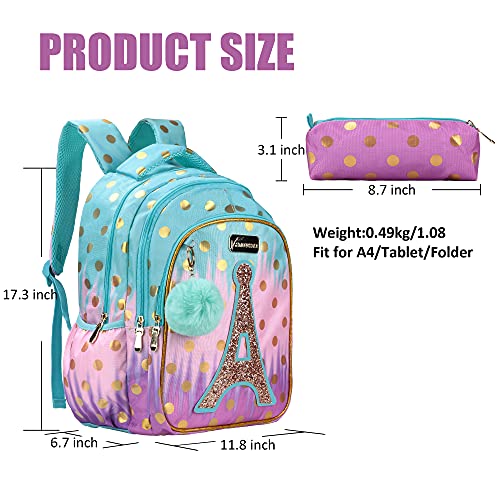 SARHLIO Kids Backpack 16" for Girls with Pencil Case Ball Pendant Cute Bookbag Lightweight Durable Water Resistant School Backpack Set for Elementary School Outdoor Travel Sequin Tower(BPK36C)