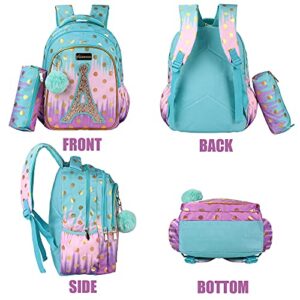 SARHLIO Kids Backpack 16" for Girls with Pencil Case Ball Pendant Cute Bookbag Lightweight Durable Water Resistant School Backpack Set for Elementary School Outdoor Travel Sequin Tower(BPK36C)