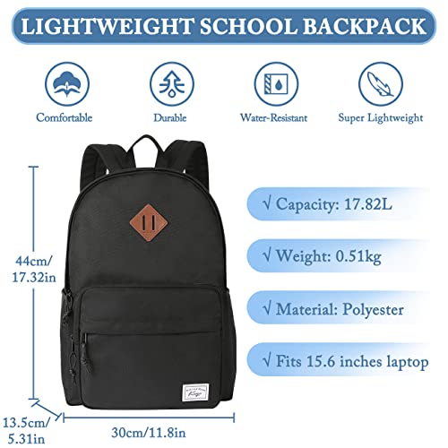 School Backpack, Kasqo 15.6 Inch Classic Lightweight Water-Resistant Backpack for Men Women Teens Girls Boys Kids to School, College, Travel, Work, Black