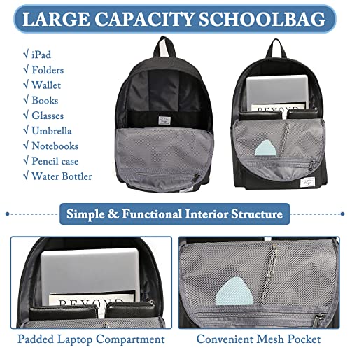 School Backpack, Kasqo 15.6 Inch Classic Lightweight Water-Resistant Backpack for Men Women Teens Girls Boys Kids to School, College, Travel, Work, Black