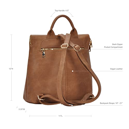 Miztique The Diana Backpack Purse for Women, Flap Over Tote Bag, Soft Vegan Leather - Tan