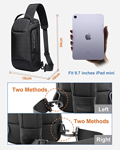 Lily Parker Sling Bag Backpack Mens Cross Body Waterproof Anti-Theft Shoulder Daypack with USB Charging Port Fit 7.9" iPad, Black, Small