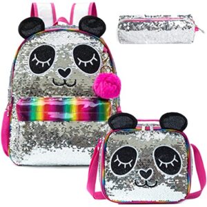 kids girls panda backpacks for teen girls high elementary middle school backpack for girls backpack with lunch box and pencil case school backpack for girls 16″ 3pcs silver sequin red backpack