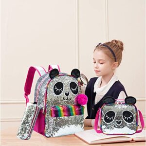 Kids Girls Panda Backpacks for Teen Girls High Elementary Middle School Backpack for Girls Backpack with Lunch Box and Pencil Case School Backpack for Girls 16" 3PCS Silver Sequin Red Backpack