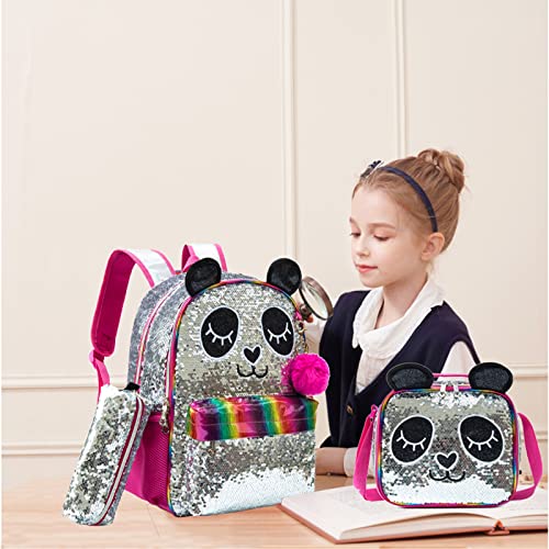 Kids Girls Panda Backpacks for Teen Girls High Elementary Middle School Backpack for Girls Backpack with Lunch Box and Pencil Case School Backpack for Girls 16" 3PCS Silver Sequin Red Backpack